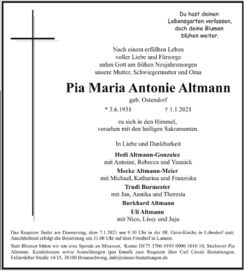 Traueranzeige von Pia Maria Antonie Altmann von Braunschweiger Zeitung