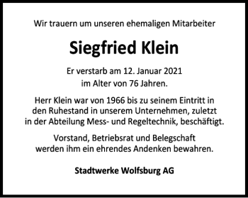 Traueranzeige von Siegfried Klein von Wolfsburger Nachrichten