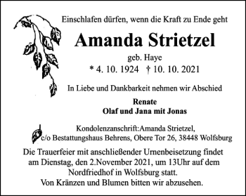 Traueranzeige von Amanda Strietzel von Wolfsburger Nachrichten