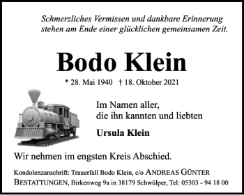 Traueranzeige von Bodo Klein von Braunschweiger Zeitung