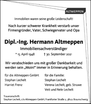 Traueranzeige von Dipl.-Ing. Hermann Altmeppen von Braunschweiger Zeitung