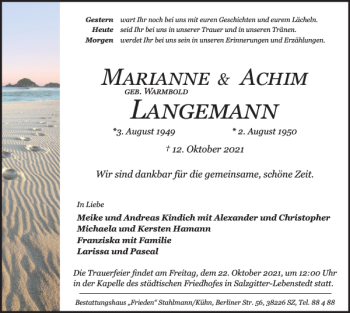 Traueranzeige von Marianne und Achim Langemann von Salzgitter Zeitung