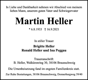 Traueranzeige von Martin Heller von Braunschweiger Zeitung