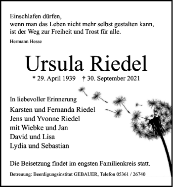 Traueranzeige von Ursula Riedel von Wolfsburger Nachrichten