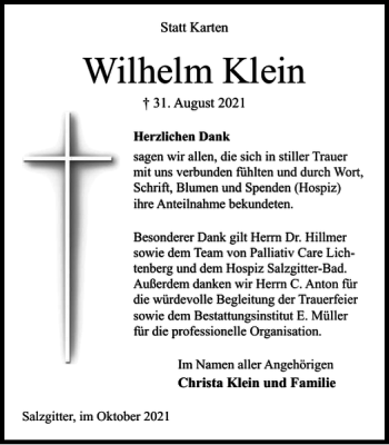 Traueranzeige von Wilhelm Klein von Salzgitter Zeitung