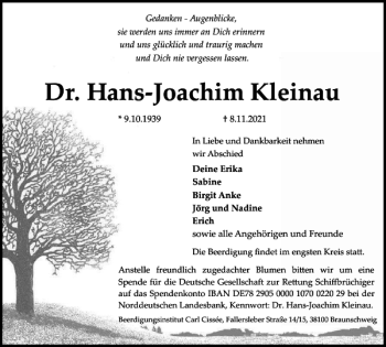 Traueranzeige von Dr. Hans Joachim Kleinau von Braunschweiger Zeitung