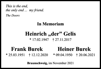 Traueranzeige von Heinrich der Gelis Frank Burek Heiner Burek  von Braunschweiger Zeitung