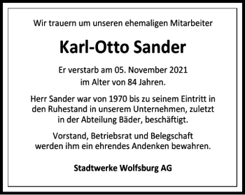 Traueranzeige von Karl-Otto Sander von Wolfsburger Nachrichten