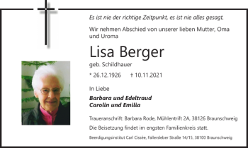 Traueranzeige von Lisa Berger von Braunschweiger Zeitung