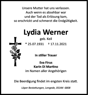 Traueranzeige von Lydia Werner von Peiner Nachrichten