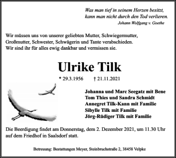 Traueranzeige von Ulrike Tilk von Helmstedter Nachrichten