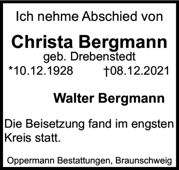 Traueranzeige von Christa Bergmann von Braunschweiger Zeitung