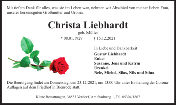 Traueranzeige von Christa Liebhardt von Braunschweiger Zeitung