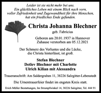 Traueranzeige von Christa Johanna Blechner von Salzgitter Zeitung