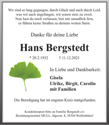 Traueranzeige von Hans Bergstedt von Braunschweiger Zeitung