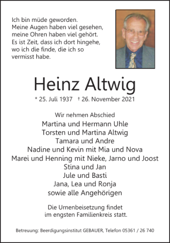 Traueranzeige von Heinz Altwig von Wolfsburger Nachrichten