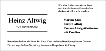 Traueranzeige von Heinz Altwig von Wolfsburger Nachrichten