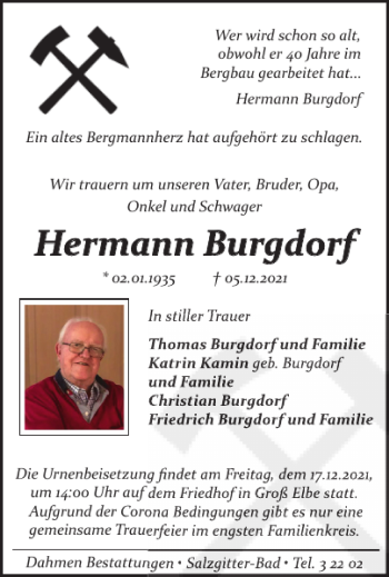 Traueranzeige von Hermann Burgdorf von Salzgitter Zeitung