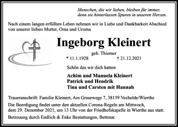 Traueranzeige von Ingeborg Kleinert von Peiner Nachrichten