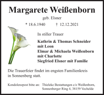 Traueranzeige von Margarete Weißenborn von Braunschweiger Zeitung