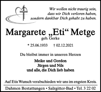 Traueranzeige von Margarete Eti Metge von Salzgitter Zeitung