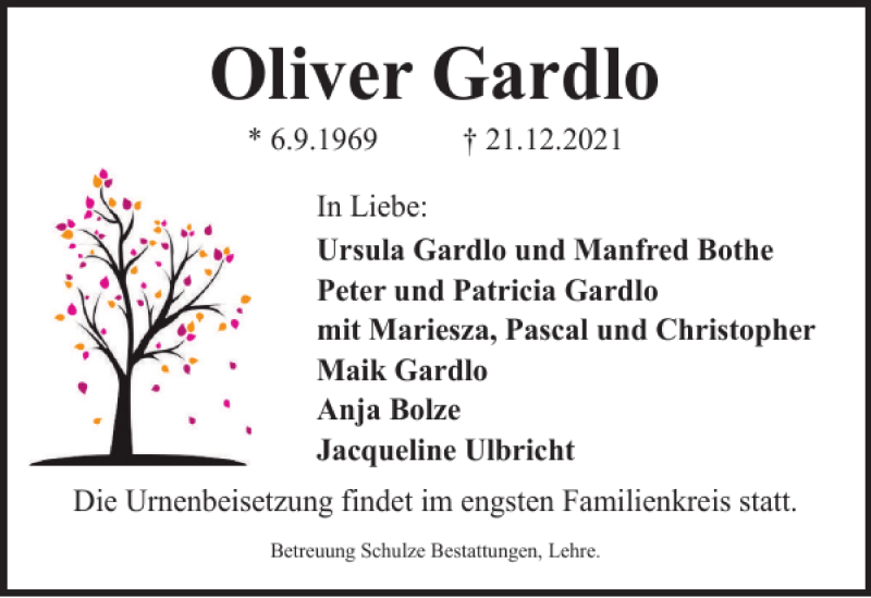  Traueranzeige für Oliver Gardlo vom 30.12.2021 aus Helmstedter Nachrichten