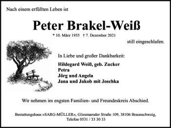 Traueranzeige von Peter Brakel-Weiß von Braunschweiger Zeitung