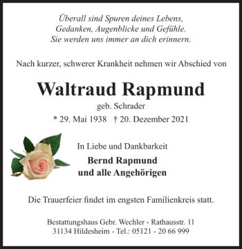 Traueranzeige von Waltraud Rapmund von Braunschweiger Zeitung