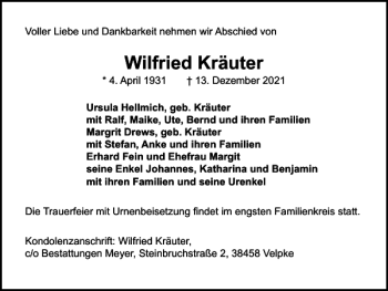 Traueranzeige von Wilfried Kräuter von Helmstedter Nachrichten