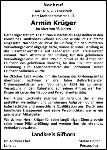 Traueranzeige von Armin Krüger Landkreis Gifhorn von Wolfsburger Nachrichten