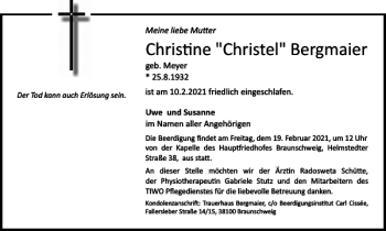 Traueranzeige von Christine Christel Bergmaier von Braunschweiger Zeitung