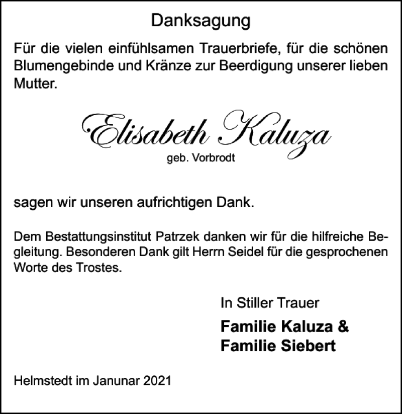 Traueranzeigen Von Elisabeth Kaluza Trauer38de 6935