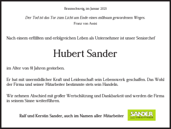 Traueranzeige von Hubert Sander von Braunschweiger Zeitung