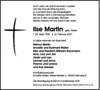 Traueranzeige von Ilse Martin von Wolfsburger Nachrichten