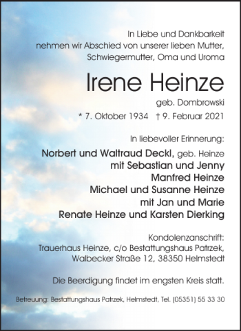 Traueranzeige von Irene Heinze von Helmstedter Nachrichten