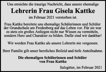 Traueranzeige von Lehrerin Frau Gisela Kattke von Salzgitter Zeitung