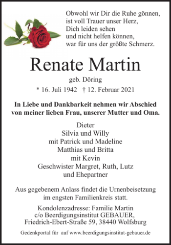 Traueranzeige von Renate Martin von Wolfsburger Nachrichten