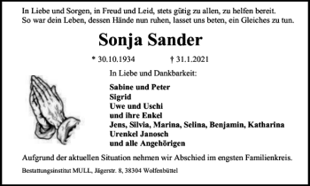 Traueranzeige von Sonja Sander von Braunschweiger Zeitung