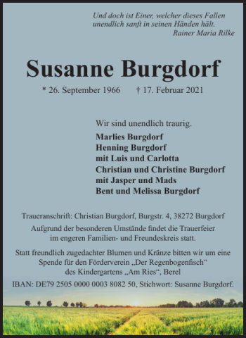 Traueranzeige von Susanne Burgdorf von Salzgitter Zeitung