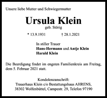 Traueranzeige von Ursula Klein von Wolfenbütteler Zeitung