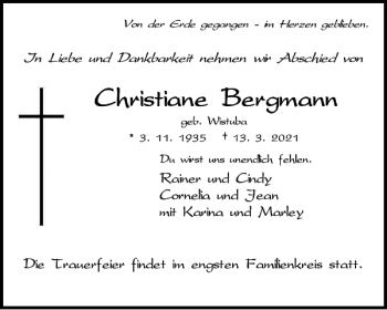 Traueranzeige von Christiane Bergmann von Braunschweiger Zeitung