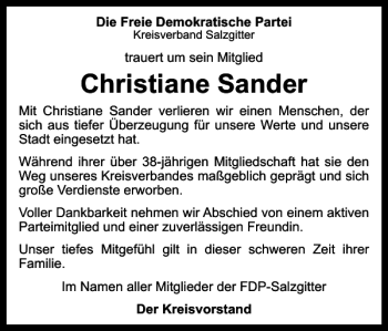 Traueranzeige von Christiane Sander von Salzgitter Zeitung