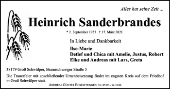 Traueranzeige von Heinrich Sanderbrandes von Braunschweiger Zeitung