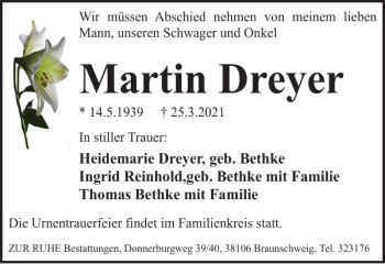 Traueranzeige von Martin Dreyer von Braunschweiger Zeitung