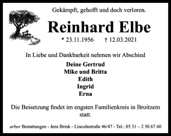 Traueranzeige von Reinhard Elbe von Braunschweiger Zeitung