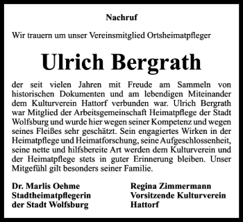 Traueranzeige von Ulrich Bergrath von Wolfsburger Nachrichten