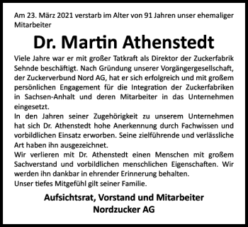 Traueranzeige von Dr. Martin Athenstedt von Helmstedter Nachrichten