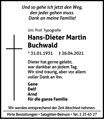 Traueranzeige von Hans-Dieter Martin Buchwald von Braunschweiger Zeitung