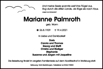 Traueranzeige von Marianne Palmroth von Wolfsburger Nachrichten