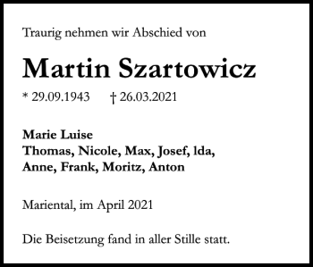 Traueranzeige von Martin Szartowicz von Helmstedter Nachrichten